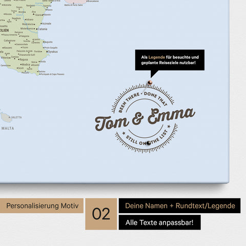 Politische Italien-Karte Pinn-Leinwand mit Personalisierung als rundes Logo, das eine Legende für bereits besuchte Reiseziele im Rundtext beinhaltet