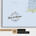 Politische Spanien- & Portugal-Karte Pinn-Leinwand mit Personalisierung als rundes Logo, das eine Legende für bereits besuchte Reiseziele im Rundtext beinhaltet