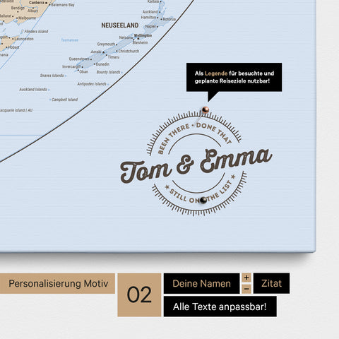 Personalisierte politische Weltkarte in der Equal-Earth-Projektion als Pinnwand Leinwand in Multicolor Atlas mit eingedruckten Namen und einer Legende zur Markierung von besuchten Orten