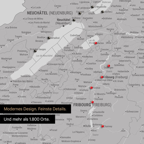 Ausschnitte einer Schweizkarte in der Region Freiburg und Thunersee als Pinn-Leinwand in Hellgrau mit 1.400 Orten