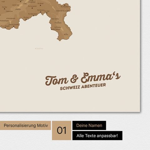 Magnetische Schweiz-Karte als Magnetboard in Bronze mit Personalisierung und eigedruckten Namen
