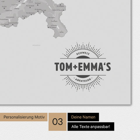 Schweiz-Karte Magnetboard in der Farbe Hellgrau mit Personalisierung als Logo im Vintage-Look