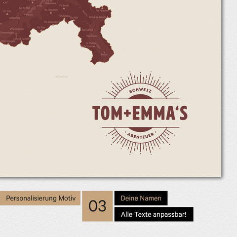 Schweiz-Karte Magnetboard in der Farbe Bordeaux Rot mit Personalisierung als Logo im Vintage-Look