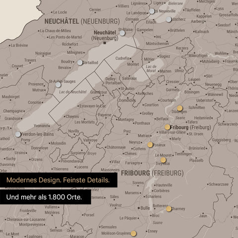 Ausschnitte einer Schweizkarte in der Region Freiburg und Thunersee in Warmgray (Braun-Grau) mit 1.400 Orten