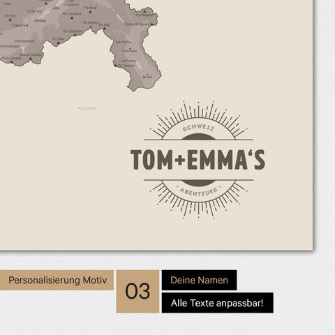 Schweiz-Karte Magnetboard in der Farbe Warmgray (Braun-Grau) mit Personalisierung als Logo im Vintage-Look