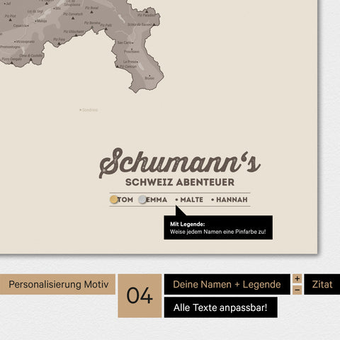 Magnetboard Schweiz-Karte in Warmgray (Braun-Grau) mit Personalisierung als Logo mit Familiennamen