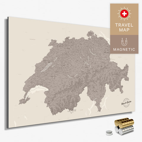 Magnetische Schweiz-Karte in Warmgray (Braun-Grau) als Magnetboard zum Pinnen und Markieren von Reisezielen kaufen