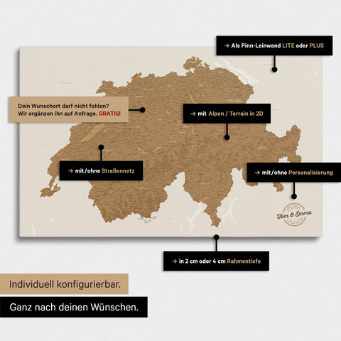 Vielfältige Konfigurationsmöglichkeiten einer Schweiz-Karte in Bronze