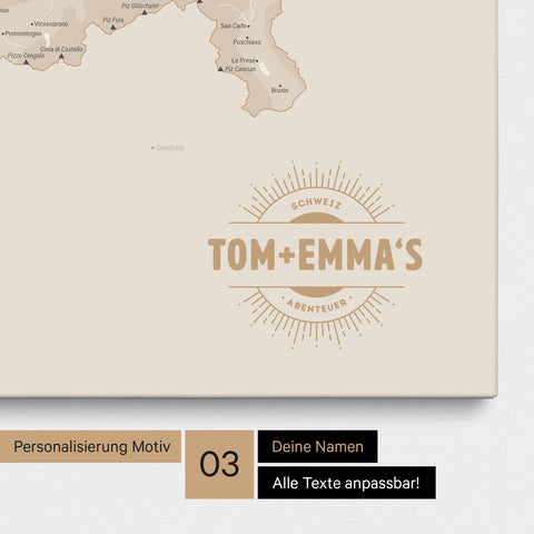 Schweiz-Karte als Pinn-Leinwand in Gold mit eingedruckten Namen als Logo in Form einer Sonne