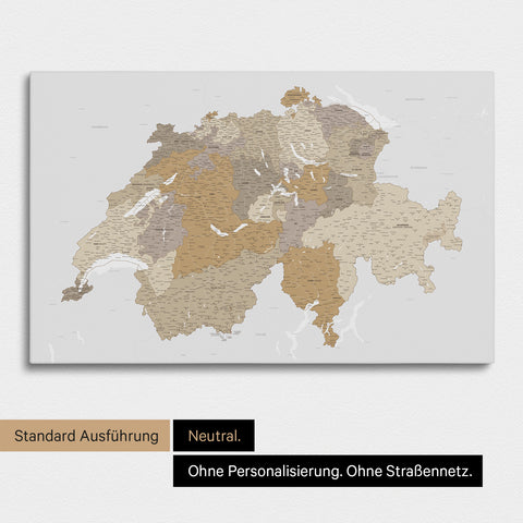 Neutrale und schlichte Standard-Ausführung einer Schweiz-Karte als Pinn-Leinwand in Multicolor Beige