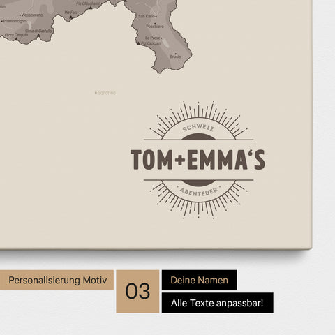 Schweiz-Karte als Pinn-Leinwand in Warmgray (Braun-Grau) mit eingedruckten Namen als Logo in Form einer Sonne