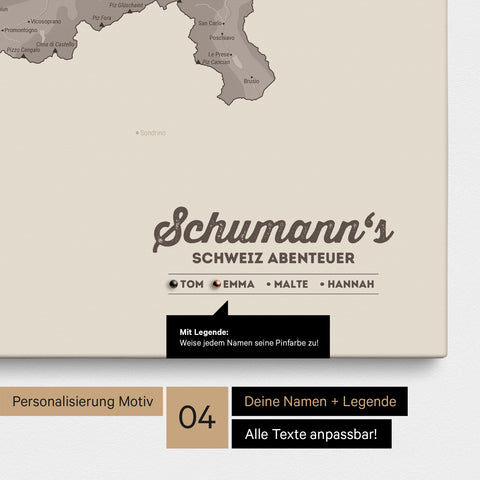 Pinnwand Leinwand einer Schweiz-Karte in Warmgray (Braun-Grau) mit Personalisierung als Logo mit Familiennamen