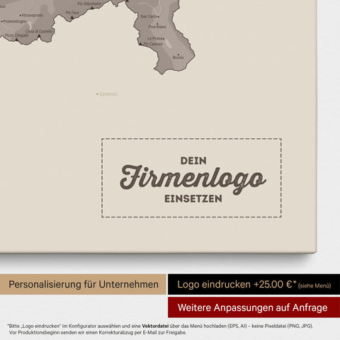 Schweiz-Karte als Pinn-Leinwand in Warmgray (Braun-Grau) mit Eindruck eines Firmenlogos