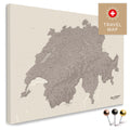 Schweiz-Landkarte in Warmgray (Braun-Grau) als Pinnwand Leinwand zum Pinnen und Markieren von Reisezielen kaufen
