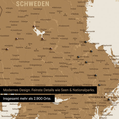 Ausschnitte einer Skandinavienkarte mit der Region Stockholm in Schweden als Pinn-Leinwand in Bronze mit 2.900 Orten