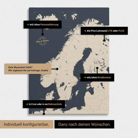 Konfigurationsmöglichkeiten einer Skandinavien-Landkarte als Pinn-Leinwand in Hale Navy 