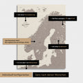 Konfigurationsmöglichkeiten einer Skandinavien-Landkarte als Pinn-Leinwand in Warmgray (Braun-Grau) 