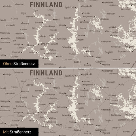 Skandinavien-Karte Leinwand in Warmgray (Braun-Grau) wahlweise mit oder ohne Straßennetz