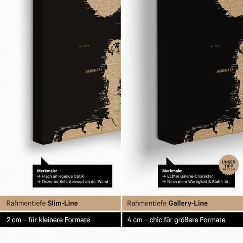 Skandinavienkort TRAVEL® Canvas med nåle – Sonar Black (Schwarz-Gold)