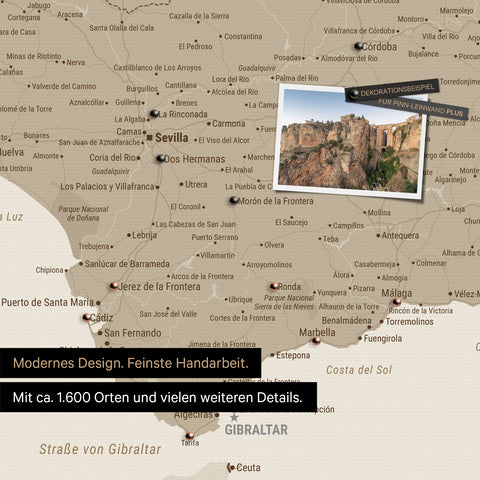 Spanien- & Portugal Landkarte in Desert Sand als Leinwand zum Pinnen zeigt einen Ausschnitt der Costa del Sol mit vielen Details wie Nationalparks, Flüssen und zahlreichen kleinen Orten und Städten, die mit Pins markiert sind