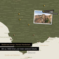 Spanien- & Portugal Landkarte in Oliv-Grün als Leinwand zum Pinnen zeigt einen Ausschnitt der Costa del Sol mit vielen Details wie Nationalparks, Flüssen und zahlreichen kleinen Orten und Städten, die mit Pins markiert sind