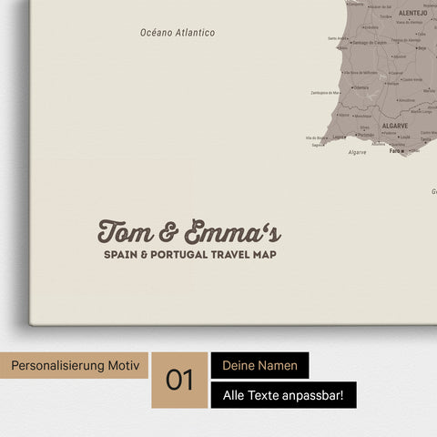 Landkarte von Spanien- & Portugal als Pinnwand Leinwand in Warmgray mit Personalisierung und Namen in einer modernen Schreibschrift