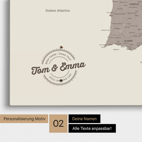 Spanien- & Portugal-Karte Pinn-Leinwand in Warmgray mit Personalisierung als rundes Logo, das eine Legende für bereits besuchte Reiseziele im Rundtext beinhaltet