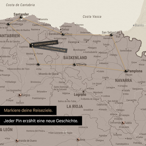 Moderne Spanien- & Portugal Landkarte in der Farbe Warmgray als Pinn-Leinwand zeigt einen Ausschnitt vom Baskenland und Navarra, in der bereits besuchte Reiseziele durch Pins markiert sind 