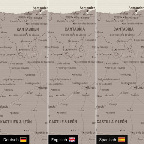 Spanien & Portugal-Karte TRAVEL® Pinn-Leinwand – Warmgray