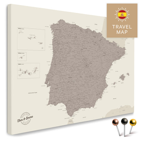 Spanien- & Portugal-Landkarte in der Farbe Warmgray in einem modernen, minimalistischem Design als Leinwand zum Pinnen von Reisen und Orten