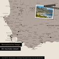 Detail einer Südafrika Landkarte als Pinn-Leinwand im minimalstischen Design und Farbe Warmgray (Braun-Grau), die mit Pins markierte Reiseziele in der Region rund um Kapstadt zeigt. Auf der Pinn-Leinwand können auch Fotos befestigt werden.