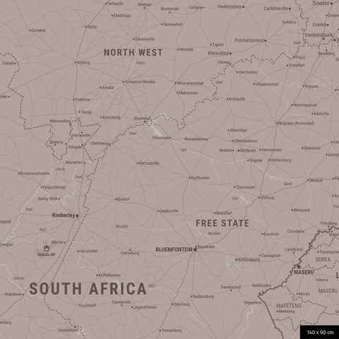 Südafrika-Karte Pinn-Leinwand in Warmgray (Braun-Grau) wahlweise mit oder ohne Straßennetz