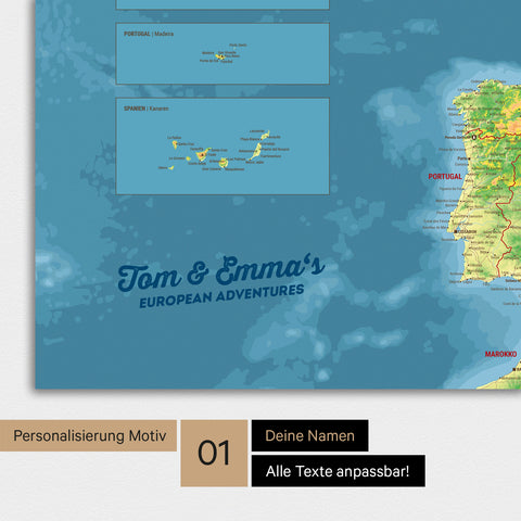 Topografische Europa Karte als Poster mit Personalisierung und Namen in einer modernen Schreibschrift