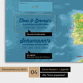 Topografische Europakarte als Poster mit Personalisierung als Logo mit Familiennamen und Legende für Orte, die man bereits besucht hat und noch besuchen möchte