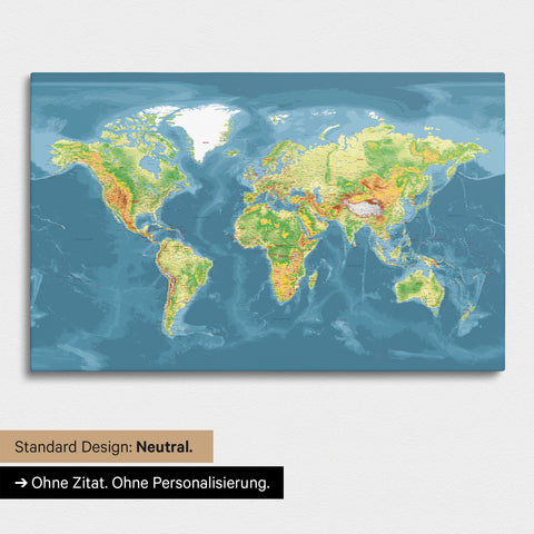 Neutrale und schlichte Ausführung einer topografischen Weltkarte als Pinn-Leinwand in Multicolor Topo ohne Personalisierung