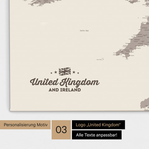 Karte von Großbritannien in Farbe Warmgray (Braun-Grau) als Leinwand zum Pinnen mit einer optionalen Personalisierung „United Kingdom“