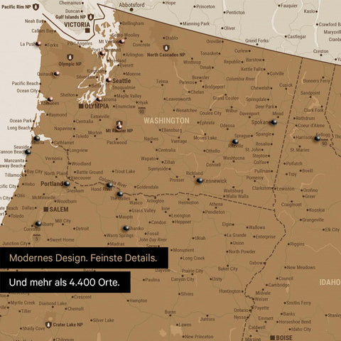 Ausschnitt einer USA Amerika Karte als Pinn-Leinwand in Bronze zeigt Reiseziele und Highlights in Washington, Oregon und Idaho
