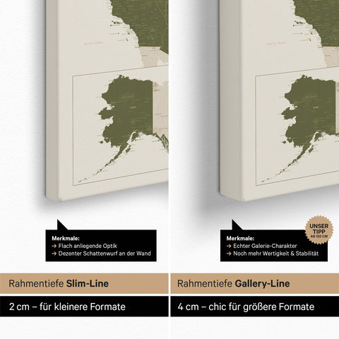 USA-kort TRAVEL® Canvas med nåle – Olivengrøn