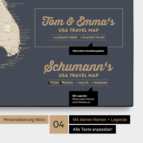 Detaillierte USA Amerika Karte als Pinn-Leinwand in Hale Navy (Dunkelblau Gold) mit Personalisierung als Logo für die gesamte Familie