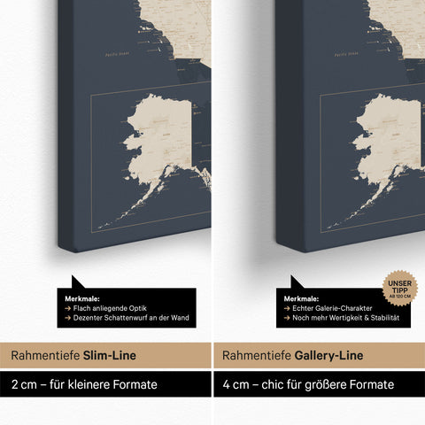USA-kort TRAVEL® Canvas med nåle – Hale Navy (Mørkeblå)