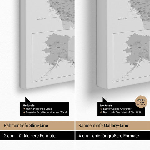USA-kort TRAVEL® Canvas med nåle – Coolgray (Lysegrå)