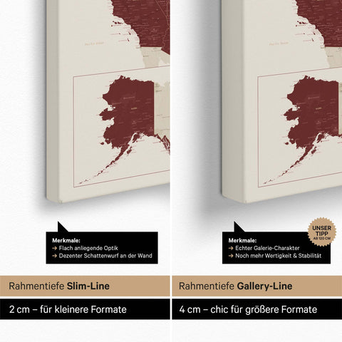 USA-kort TRAVEL® Canvas med nåle – Bordeaux Rød