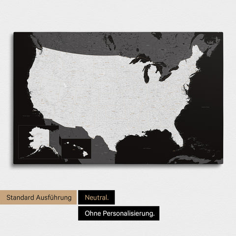 Neutrale und schlichte Ausführung einer USA Amerika Karte als Pinn-Leinwand in Schwarz-Weiss