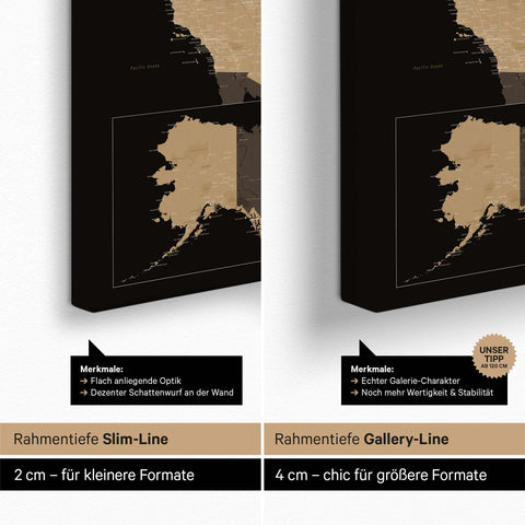 USA-kort TRAVEL® Canvas med nåle – Sonar Black (Sort-Guld)