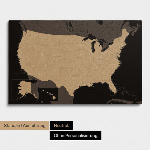 Neutrale und schlichte Ausführung einer USA Amerika Karte als Pinn-Leinwand in Sonar Black