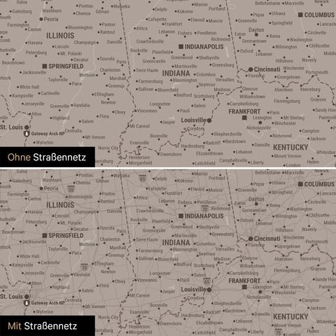 USA Amerika Karte Pinn-Leinwand in Warmgray (Braun-Grau) optional mit dem Straßennetz der größten Highways und Interstates