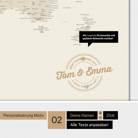 Personalisierte magnetische Weltkarte ANTARCTICA in Gold mit rundem Logo, das eine Legende für bereits besuchte Reiseziele beinhaltet