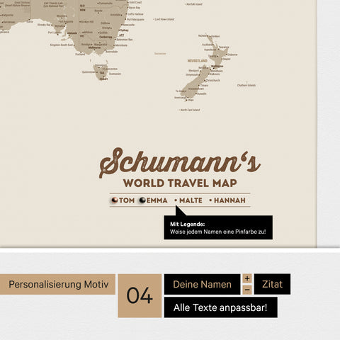 Pinnwand Leinwand einer Antarktis-Weltkarte in Desert Sand (Beige) mit personalisiertem Logo als Familiennamen