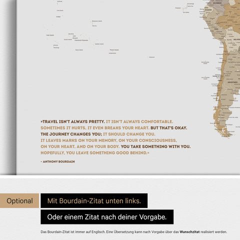 Personalisierbare Weltkarte mit Antarktis in Multicolor Beige mit Zitat von Anthony Bourdain