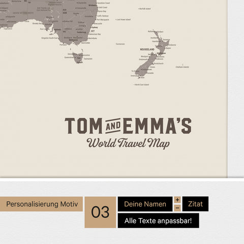 Personalisierte Weltkarte mit Antarktis als Pinn-Leinwand in der Farbe Warmgray (Braun-Grau) mit einer Personalisierung als Vintage-Logo